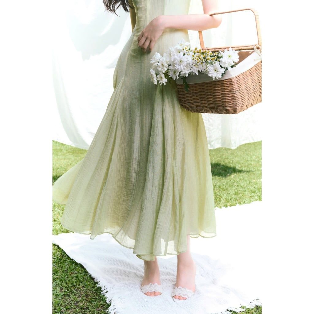 GOUT DE JUN Đầm Maxi Cổ V Hai Dây Chất Voan Xốp PERMIK Đầm Dài Xòe Tôn Dáng Sang Trọng