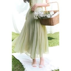 GOUT DE JUN Đầm Maxi Cổ V Hai Dây Chất Voan Xốp PERMIK Đầm Dài Xòe Tôn Dáng Sang Trọng