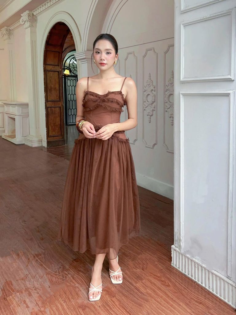 Đầm Nữ PIAXIO Hai Dây Dáng Dài Cúp Ngực Voan Phối Bèo GOÛT DE JUN