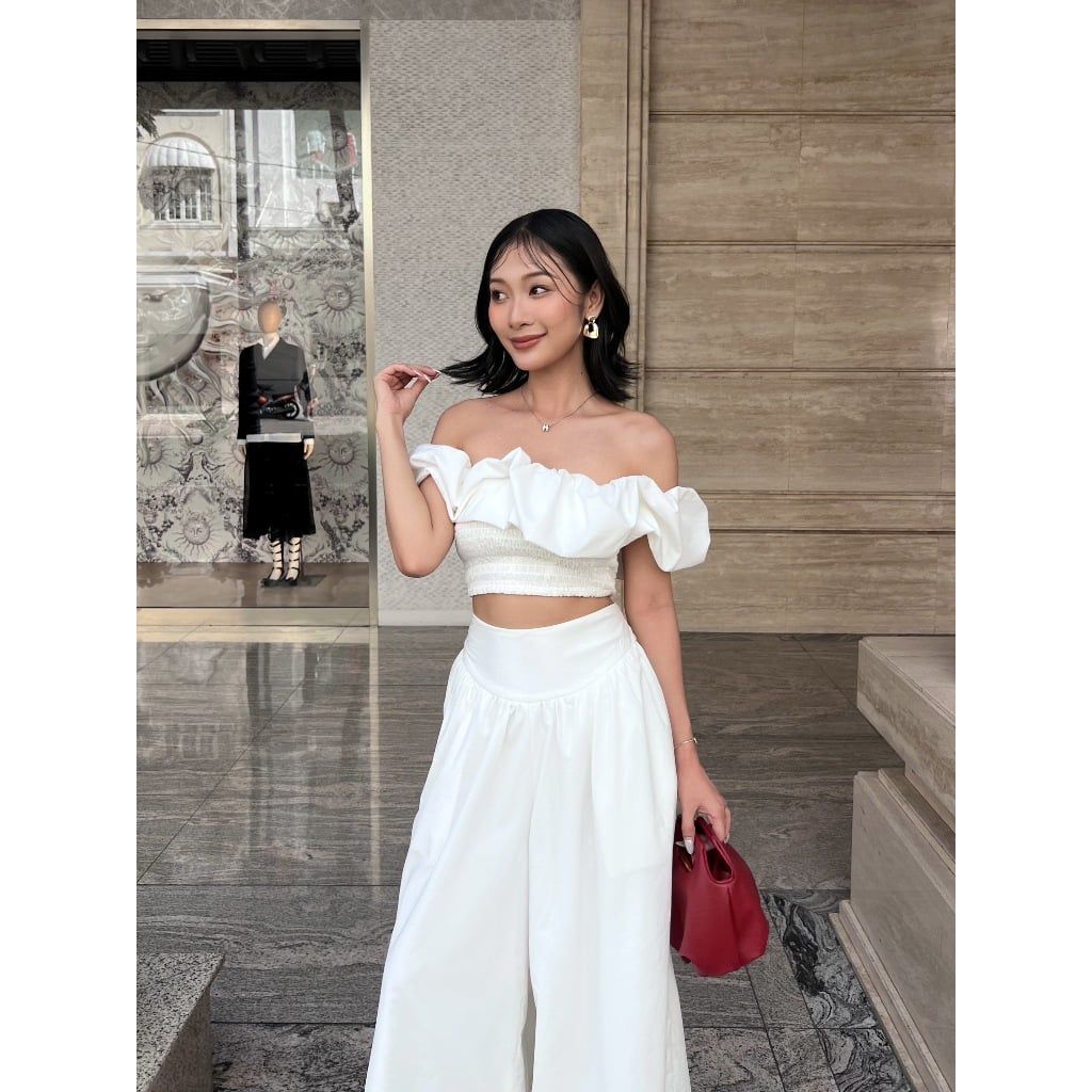 Set Áo Croptop Trễ Vai Mùa Hè Phối Quần Ống Rộng (bán lẻ) - CHALIN SET - GOÛT DE JUN