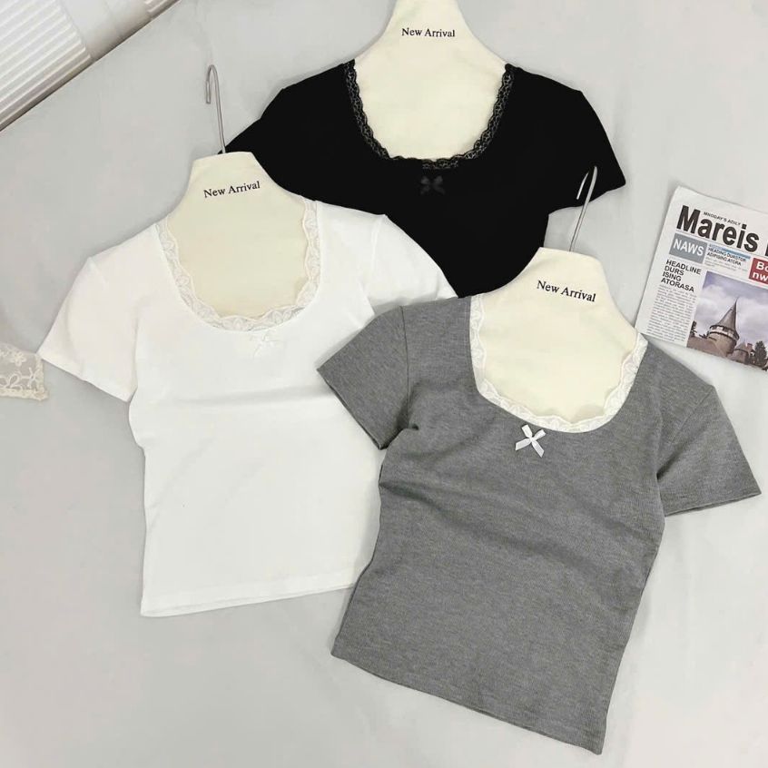 Áo Thun Form Ôm Cổ Tròn Viền Ren Phối Nơ - CHAXYN TOP - GOÛT DE JUN