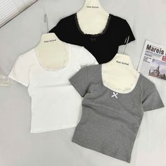 Áo Thun Form Ôm Cổ Tròn Viền Ren Phối Nơ - CHAXYN TOP - GOÛT DE JUN