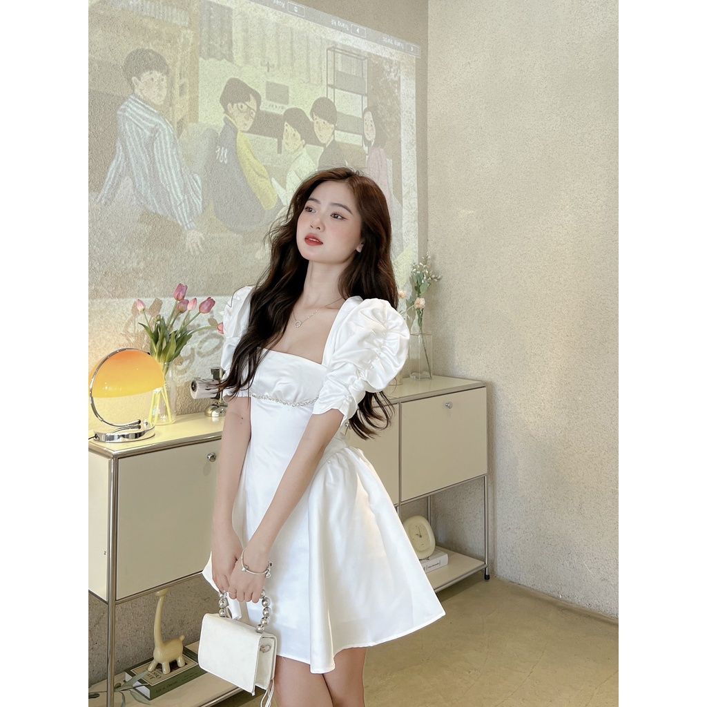 GOÛT DE JUN - Đầm nữ thiết tay cổ vuông đính đá sang trọng - VANIEE DRESS