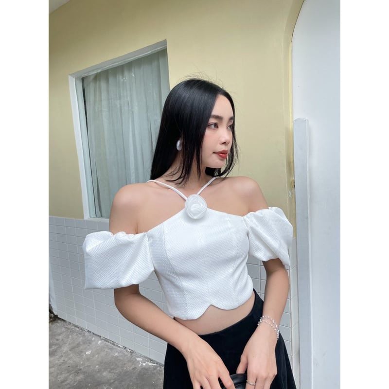 Áo Croptop Gợn Sóng Cổ Yếm Tay Bồng Tysa Top - GOÛT DE JUN