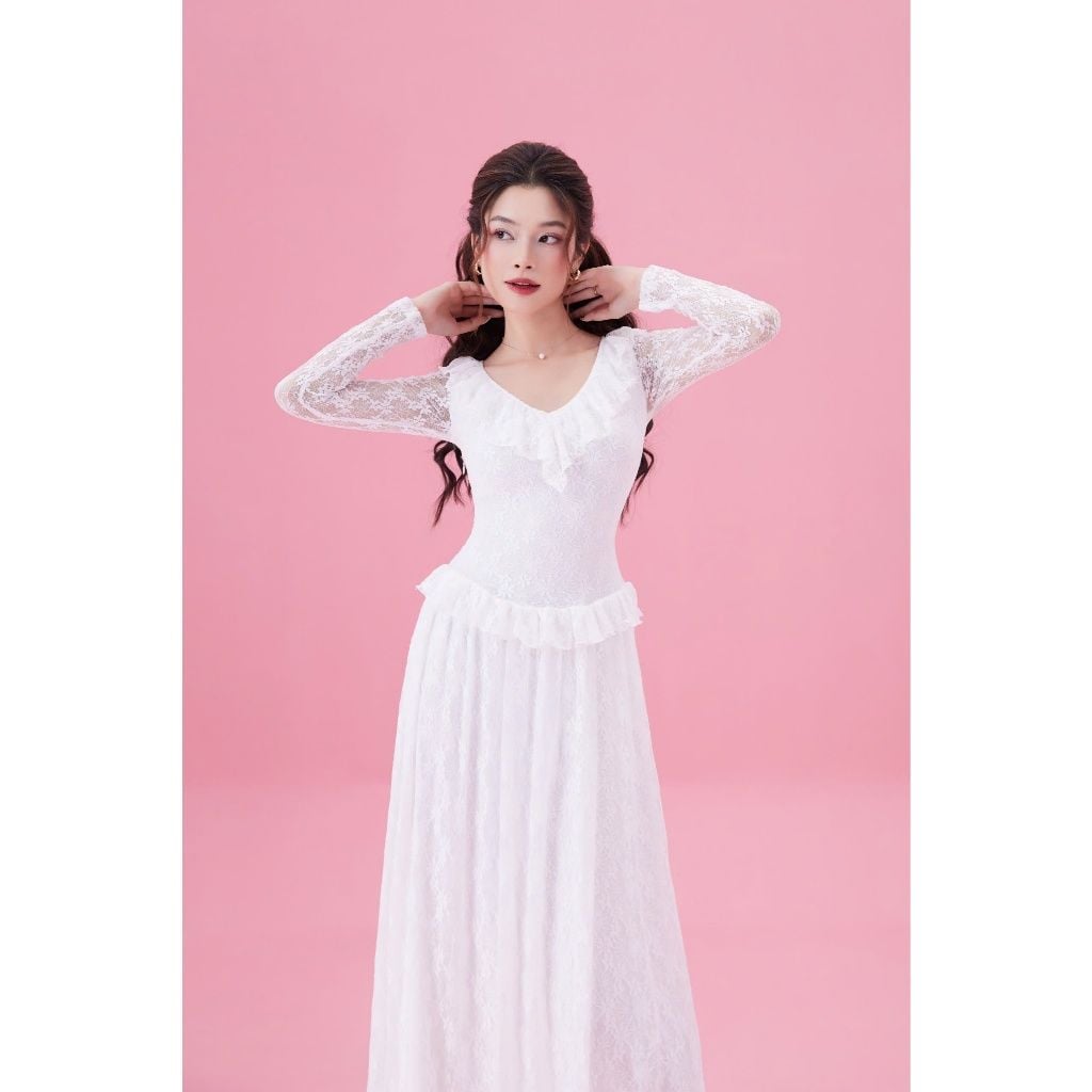 Đầm Xòe Dự Tiệc Tay Dài Viền Bèo Phối Ren Sang Trọng - LEWIS DRESS - GOÛT DE JUN