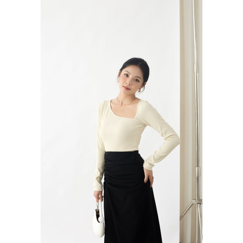 GOÛT DE JUN - Áo nữ body  tay dài cổ lệch - Gany Top