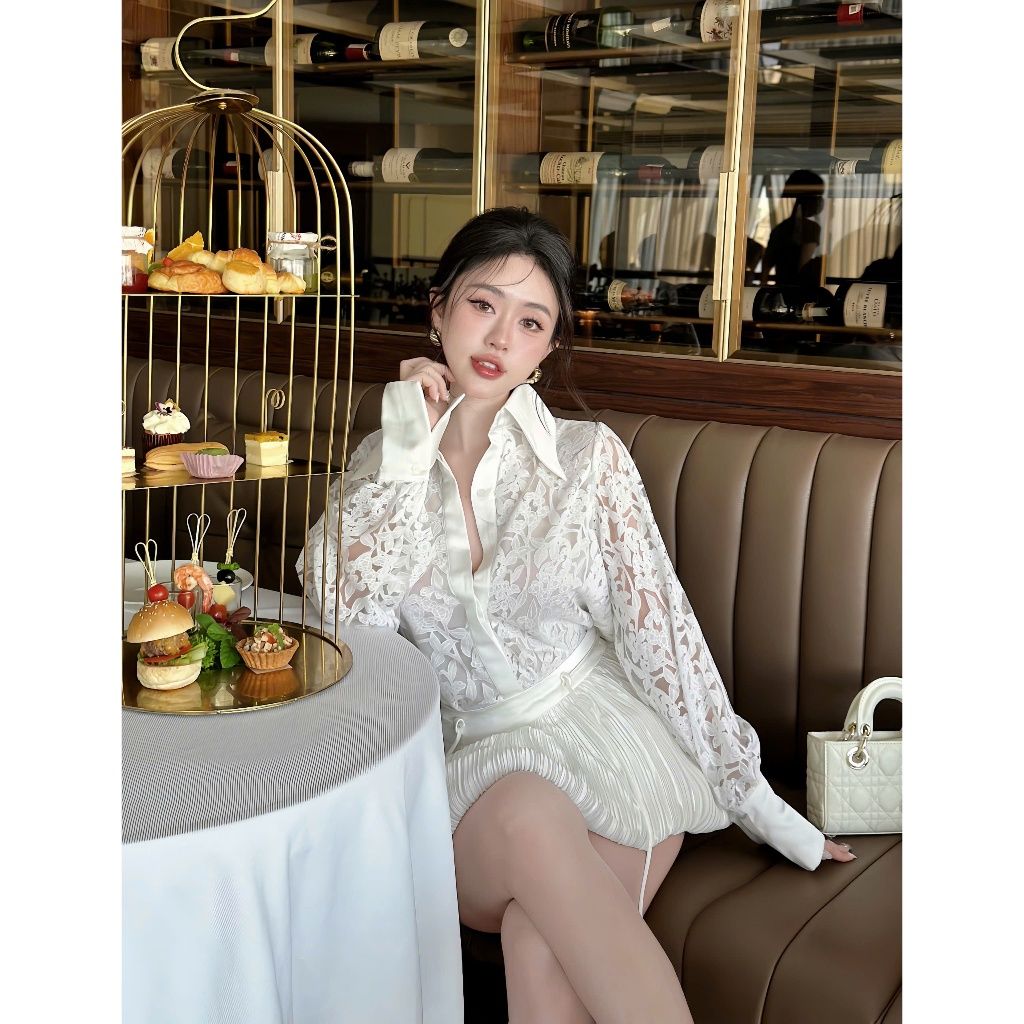 Áo Sơ Mi Ren Hoa Nữ Freesize Tay Phồng Thanh Lịch Quyến Rũ-  AXEL TOP -  GOÛT DE JUN