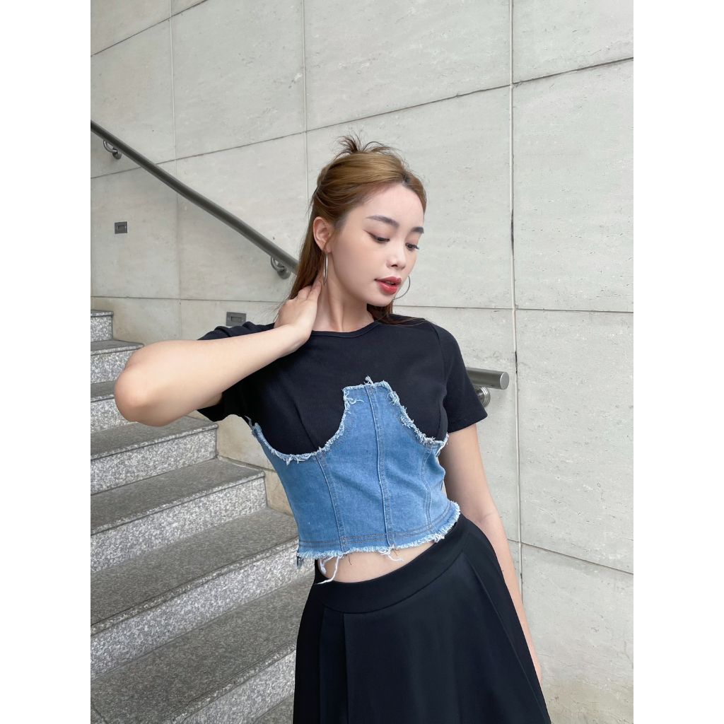 Áo Thun Croptop Phối Jeans Phong Cách Thời Trang Mùa Hè - Lapin Top - GOÛT DE JUN