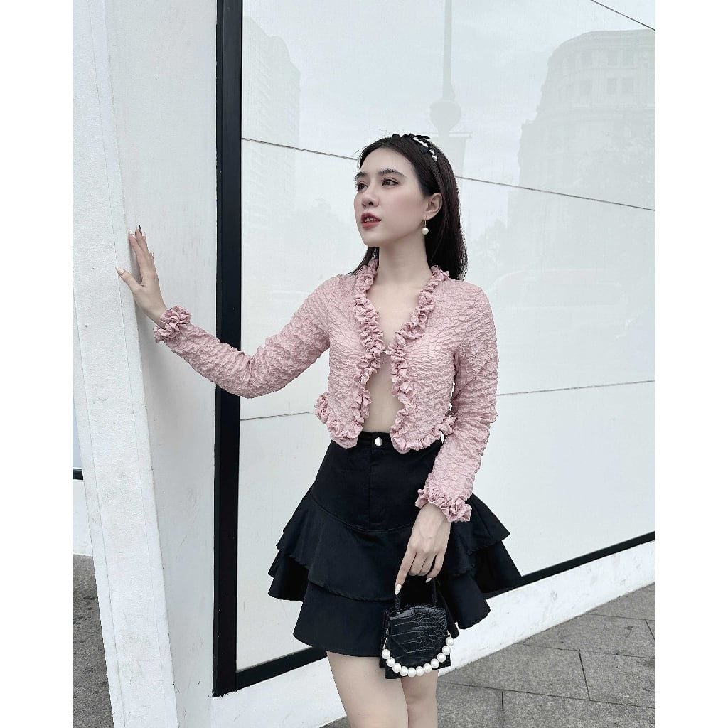 Áo croptop nữ tay dài phối bèo - URi TOP - GOÛT DE JUN