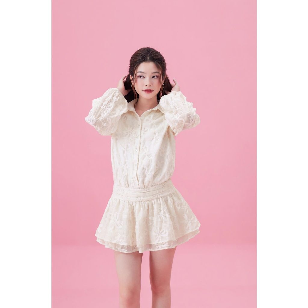 Đầm Nữ Sơ Mi Ren Hoa Thiết Kế Dáng Xòe Hot Trend (kèm Quần)- RAINEY DRESS - GOÛT DE JUN