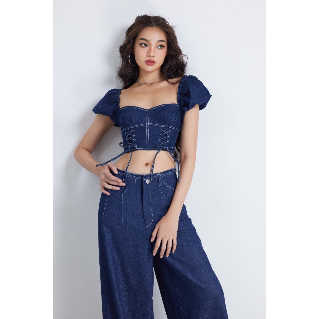 Áo Croptop Denim Tay Phồng Cổ Vuông - DARCY TOP - GOÛT DE JUN