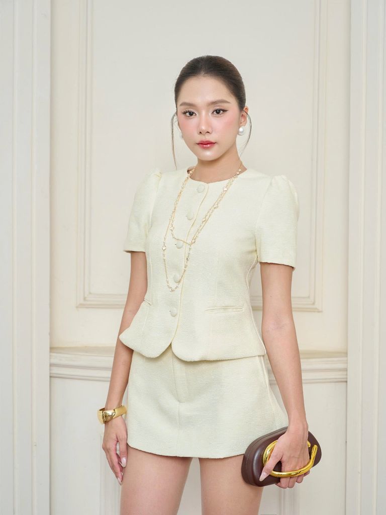(Bán Lẻ) Set Nữ VINCIES Áo Cổ Tròn Phối Nút Bọc Và Chân Váy Basic Sang Trọng  GOÛT DE JUN
