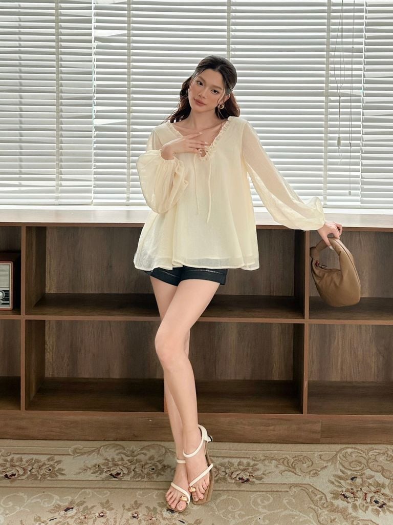 Áo Kiểu Nữ Diary Tay Dài Phồng Cổ V phối Bèo Nữ Tính GOÛT DE JUN