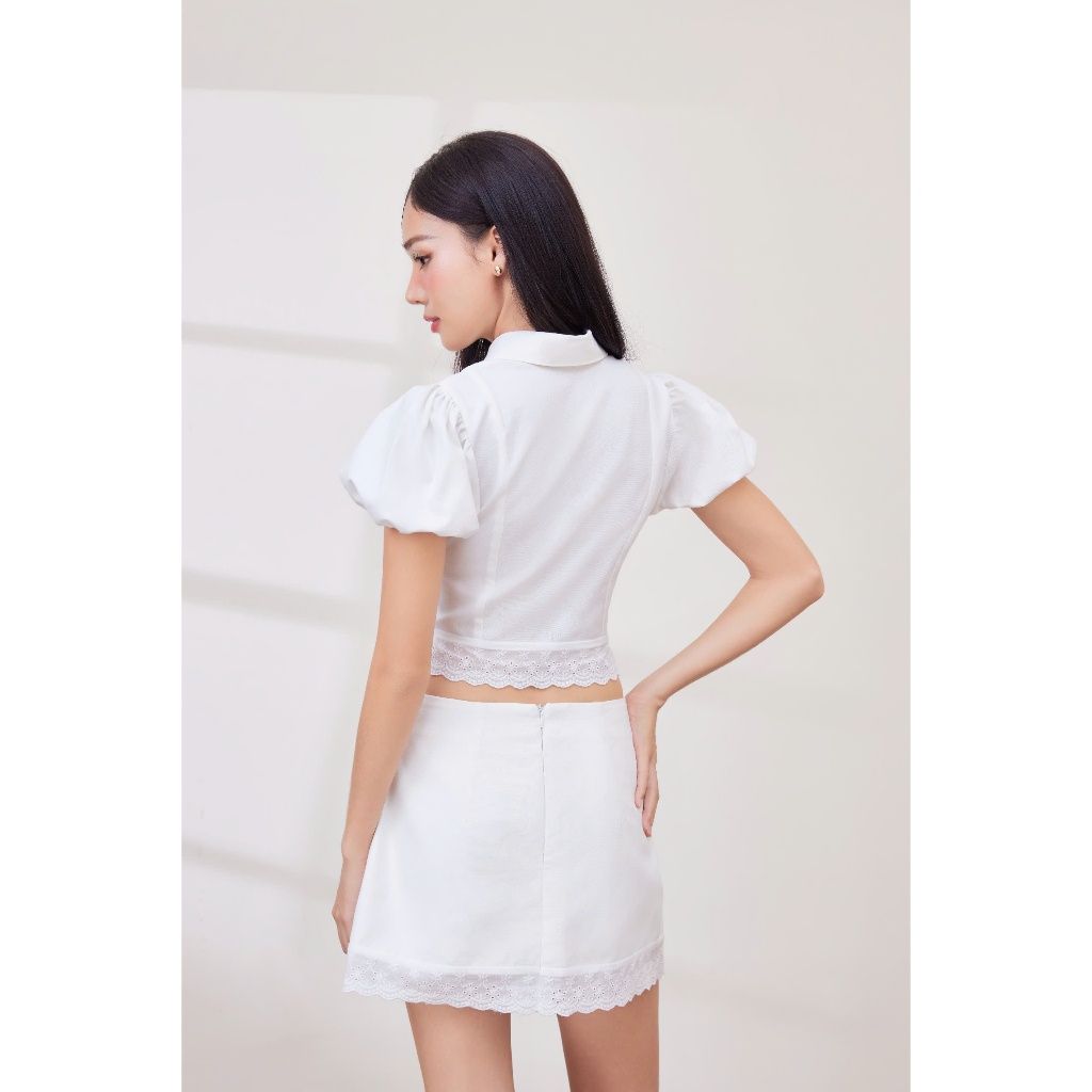 Set Áo Kiểu Nữ Sơ Mi Tay Phồng Phối Chân Váy Chữ A Viền Ren (bán lẻ) - PUFFY SET - GOÛT DE JUN