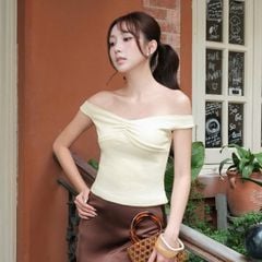 GOUT DE JUN Áo Trễ Vai Nhún Ngực Phối Viền Ren TARDES Áo Kiểu Nữ Thun Co Giãn Dạo Phố FGBA2606105