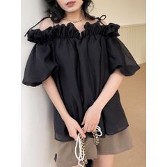 GOÛT DE JUN - Áo trễ vai tay bồng đen - Maris Top