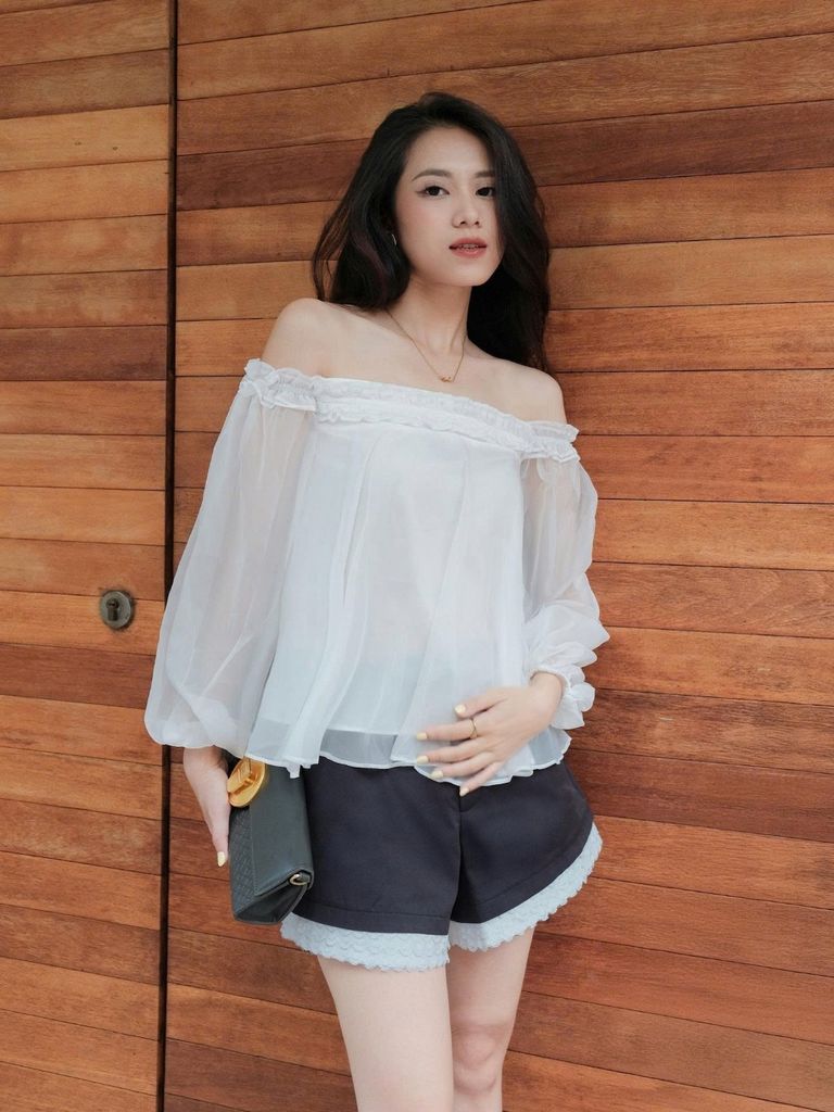 Áo Babydoll Nữ DEPHIL Trễ Vai Phối Bèo Mùa Hè Đi Biển GOÛT DE JUN