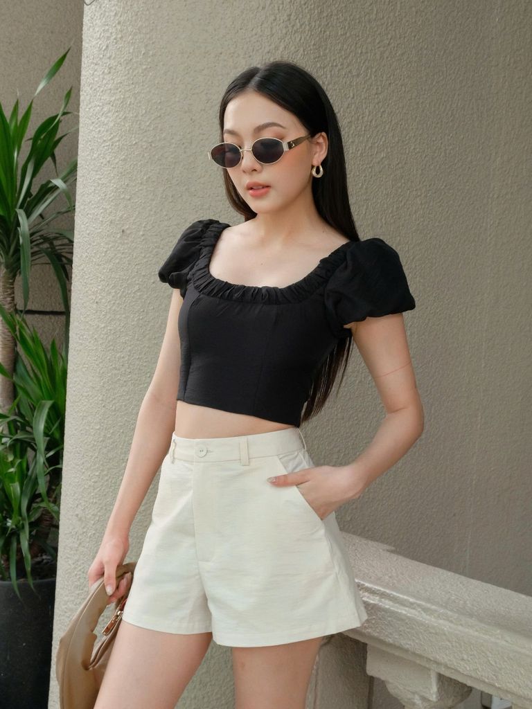 Áo Kiểu Nữ HUGHY Dáng Ngắn Cổ Vuông Tay Phồng GOÛT DE JUN