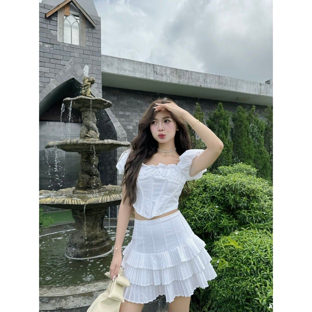 Set Áo Kiểu Nữ Croptop Tay Phồng Phối Chân Váy Xếp Li (bán lẻ) - YUSHII SET - GOÛT DE JUN