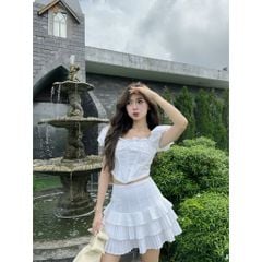 Set Áo Kiểu Nữ Croptop Tay Phồng Phối Chân Váy Xếp Li (bán lẻ) - YUSHII SET - GOÛT DE JUN