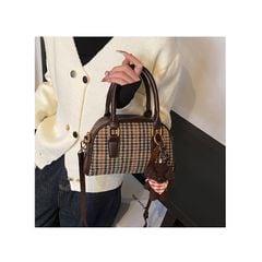 Túi Xách Kẻ Sọc Retro Thu Đông Hoạ Tiết Caro Kèm Charm Gấu