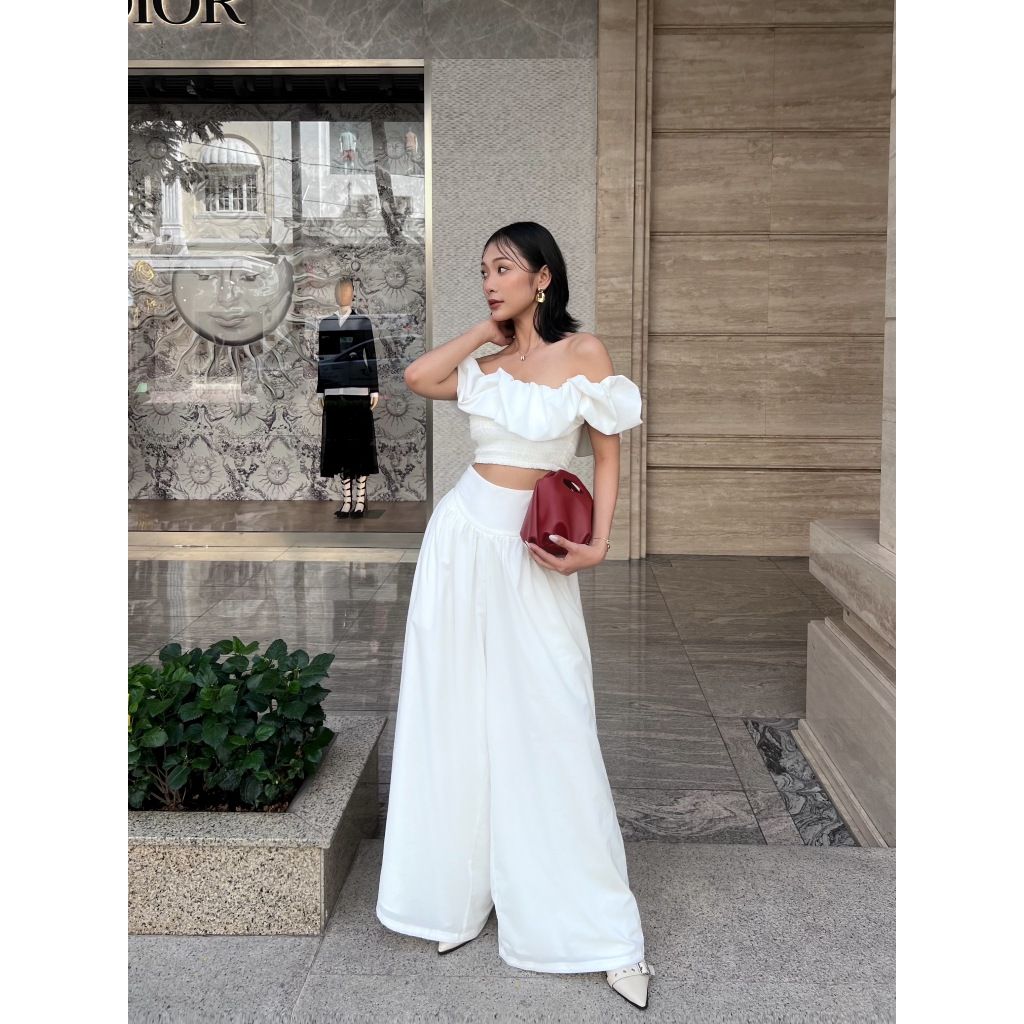 Set Áo Croptop Trễ Vai Mùa Hè Phối Quần Ống Rộng (bán lẻ) - CHALIN SET - GOÛT DE JUN