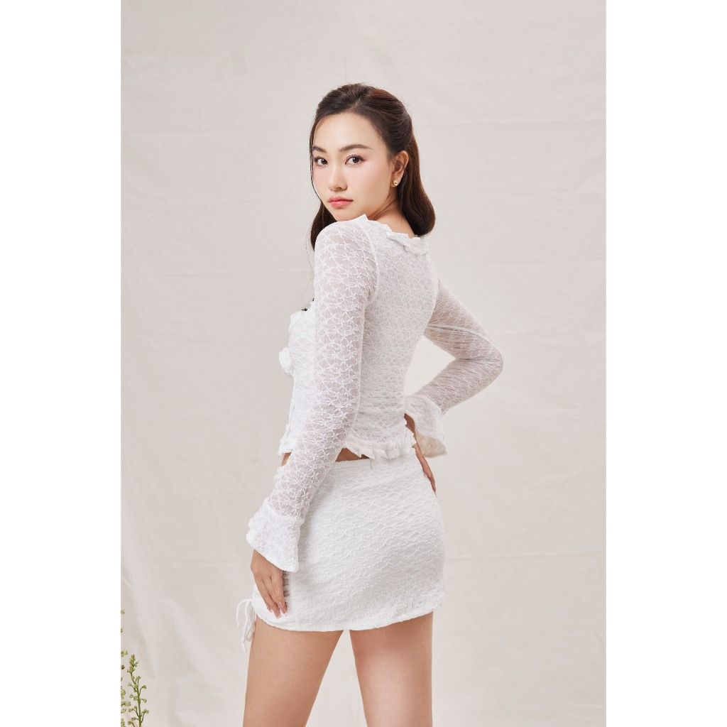 Set Áo Tay Dài Ren Hoa Phối Chân Váy Cạp Trễ Nhún (bán lẻ) - PERLIE SET - GOÛT DE JUN