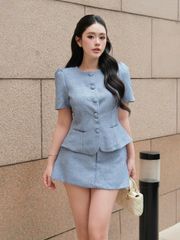(Bán Lẻ) Set Nữ VINCIES Áo Cổ Tròn Phối Nút Bọc Và Chân Váy Basic Sang Trọng  GOÛT DE JUN