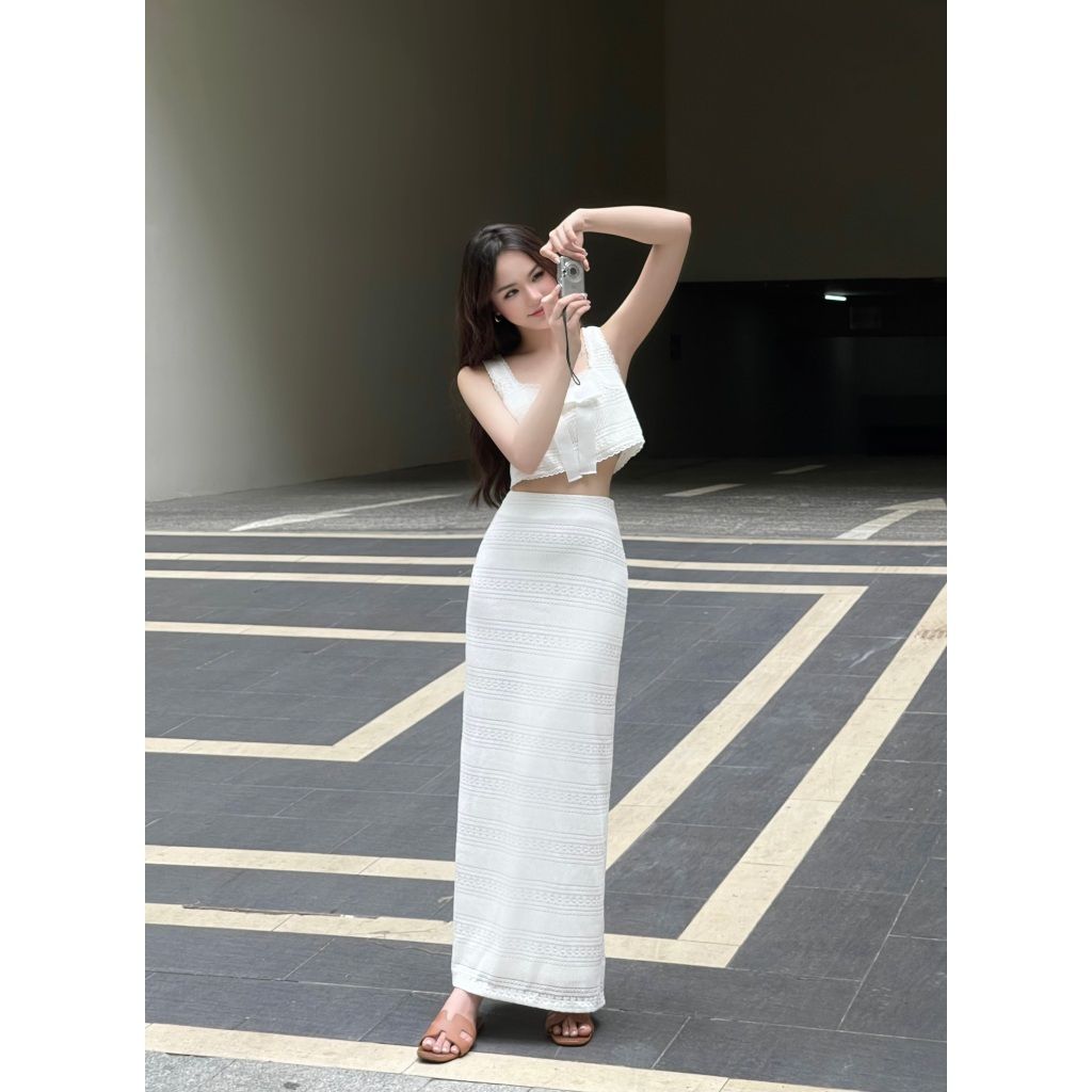 Set Nữ Áo Croptop Phối Nơ Mix Chân Váy Dài (bán lẻ) - DECLA SET - GOÛT DE JUN