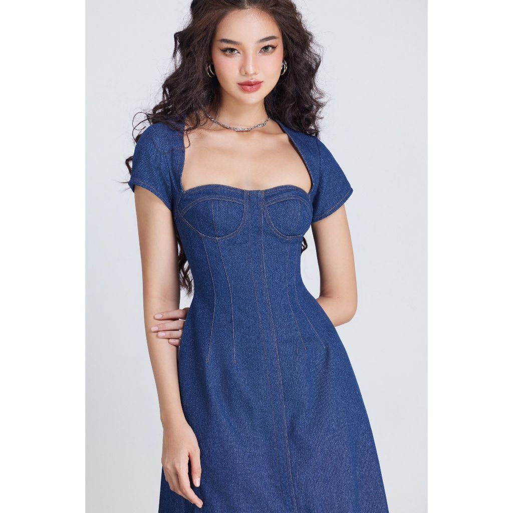 Đầm Nữ Denim Cổ Vuông Tay Ngắn Khoét Lưng - NOVA DRESS - GOÛT DE JUN