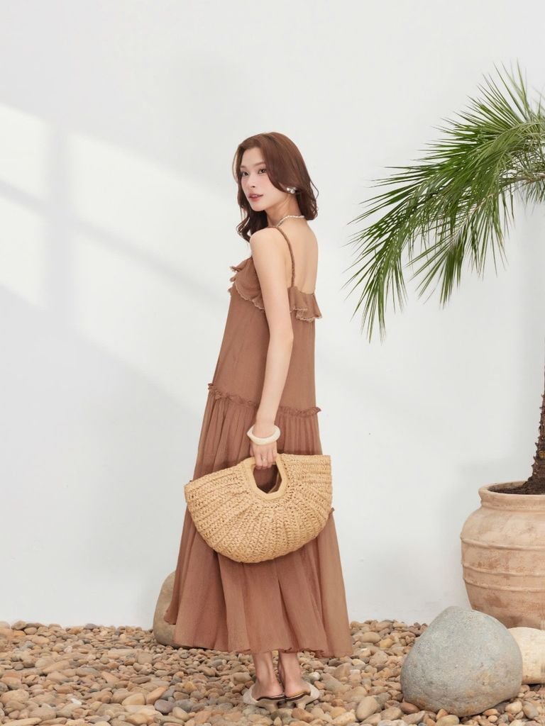 Đầm Nữ KIDLAT Hai Dây Form Maxi Xòe Chất Tơ Mềm Phối Bèo Đi Biển, Dạo Phố GOUT DE JUN