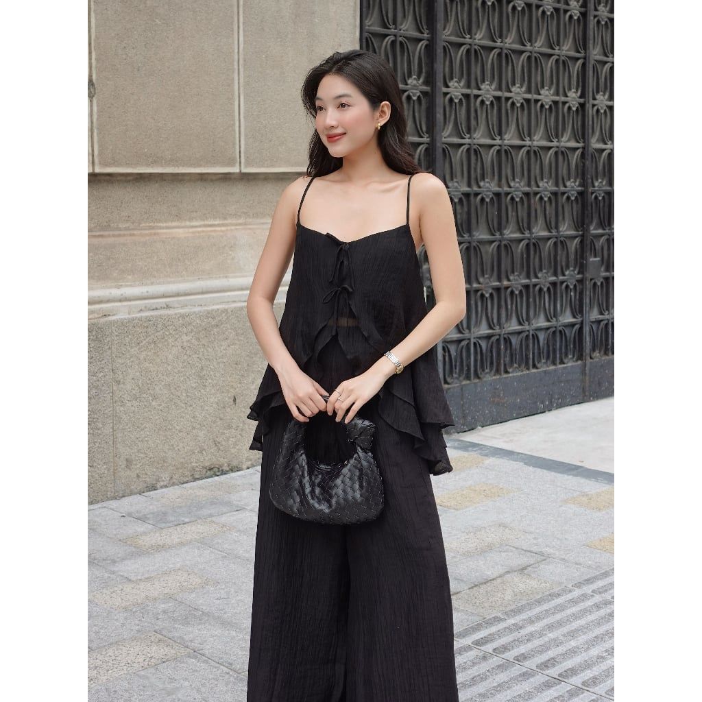 Set Áo Nữ Mùa Hè Hai Dây Bèo Xòe Đính Nơ và Quần Dài Ống Rộng - JOAN SET - GOÛT DE JUN