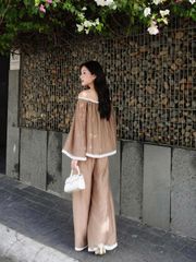 (Bán Lẻ) Set Nữ Mùa Hè BISHUL Áo Trễ Vai Phối Ren Phối Quần Ống Rộng Basic GOÛT DE JUN