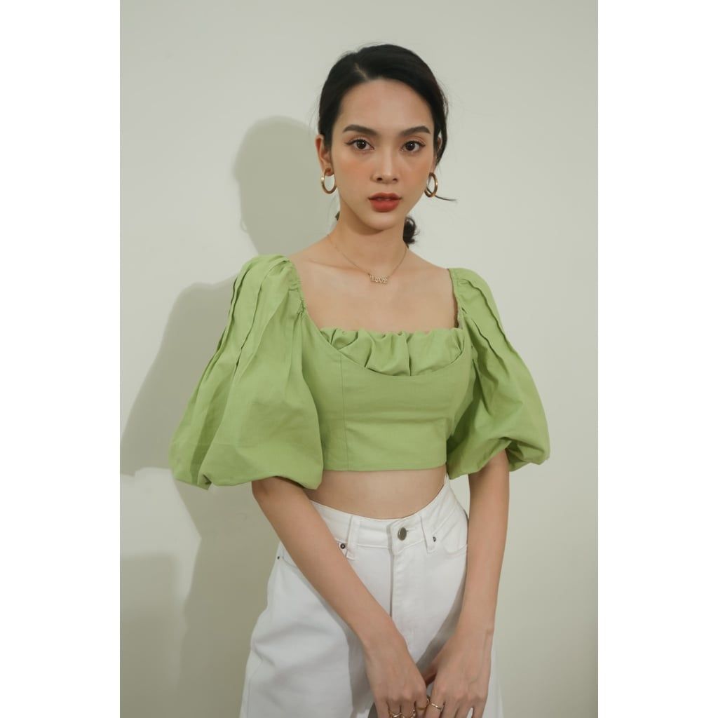 GOÛT DE JUN - Áo croptop tay bồng xanh cốm - Folim Top