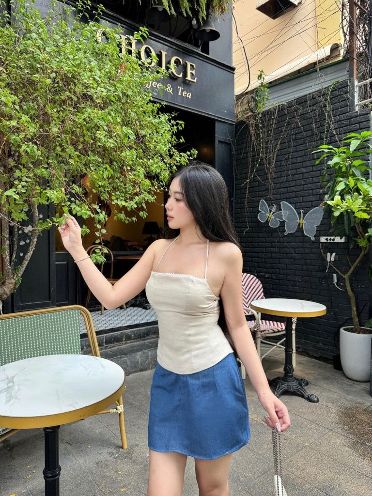 GOUT DE JUN Áo Hai Dây Chất Linen Cotton Ôm Body NOWDE Áo Cúp Ngực Bo Chun Lưng Cố Định FGBA2605105