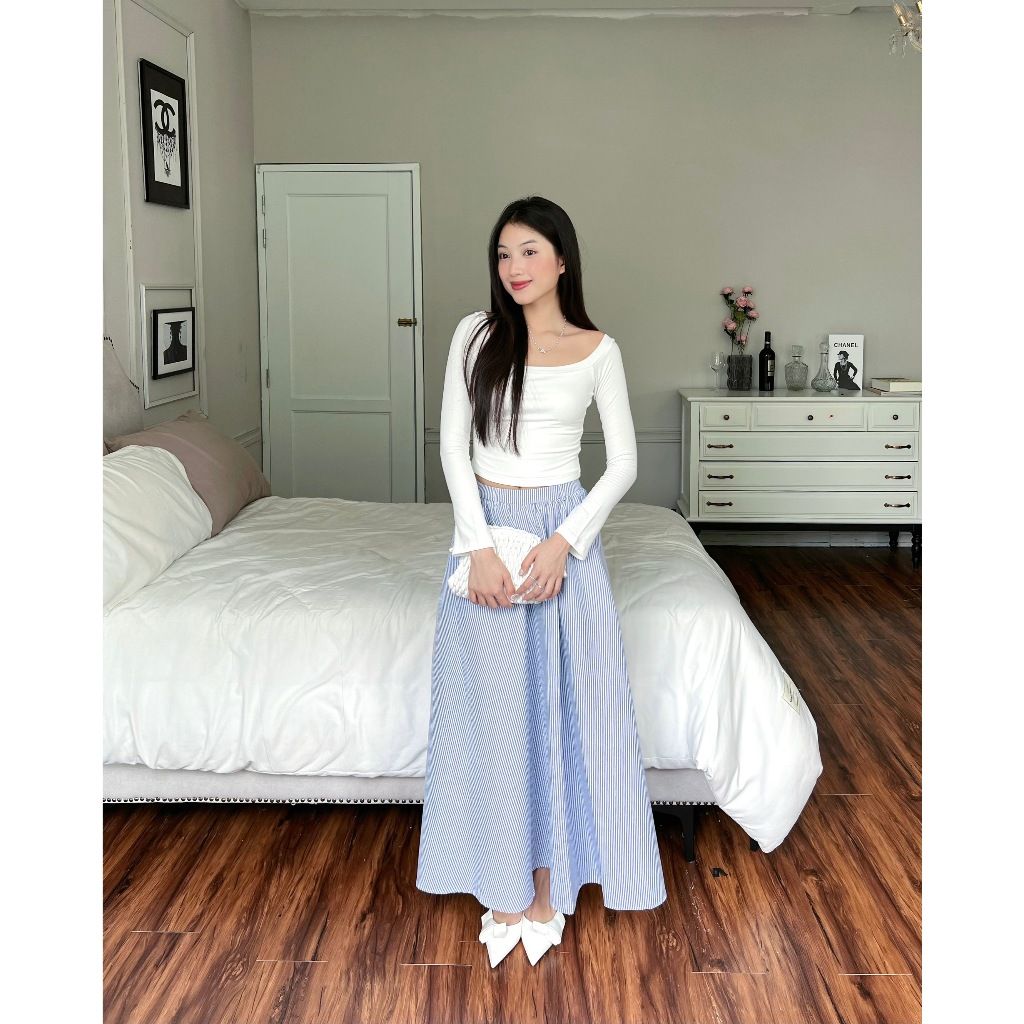 Chân Váy Nữ Form Dài Xoè Kẻ Sọc Basic - BIAN SKIRT - GOÛT DE JUN