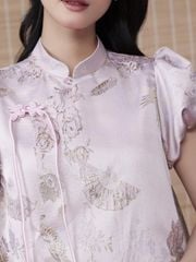 Áo Nữ SƯƠNG HOA Cổ Tàu Truyền Thống Tay Ngắn Bồng Đính Nơ Vải Gấm GOUT DE JUN