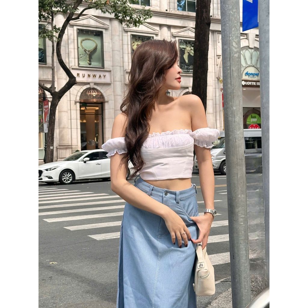 Áo Croptop Nữ Tay Phồng Phối Ren Nữ Tính - KAHIN TOP - GOÛT DE JUN