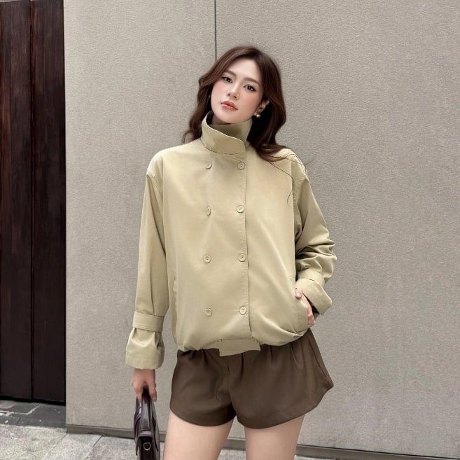 GOUT DE JUN Áo Khoác Kaki Cổ Đứng FODIL Áo Măng Tô Dáng Ngắn Hai Hàng Cúc Thời Trang FGJA2604065