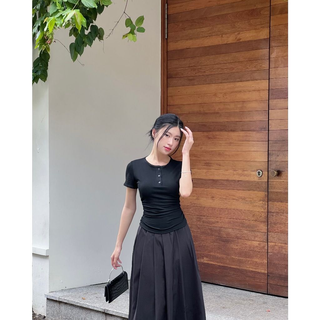 Áo Nữ  Tay Ngắn Basic Ôm Body Nhún Eo Phối Ren - LITHE TOP - GOÛT DE JUN