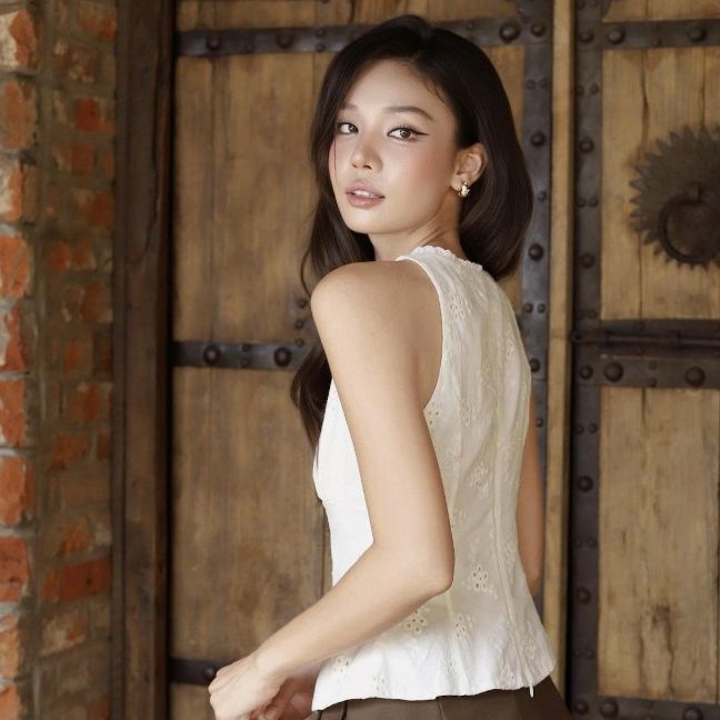 GOUT DE JUN Áo Hai Dây Bản To Thiết Kế Viền Ren BIRCEN Áo Sát Nách Cổ V Vải Cotton Thêu FGBA2604147