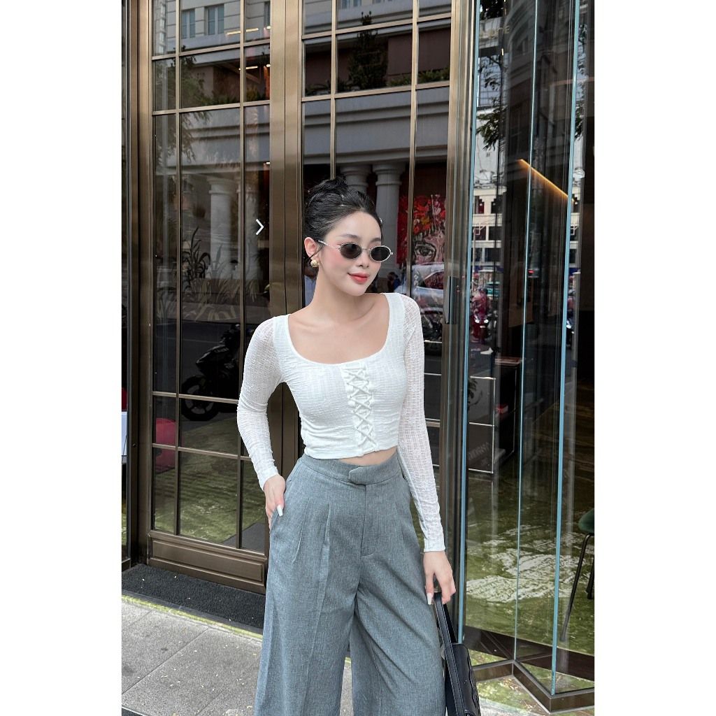 Áo Kiểu Croptop Tay Dài Thắt Dây Basic - BALLIN TOP - GOÛT DE JUN