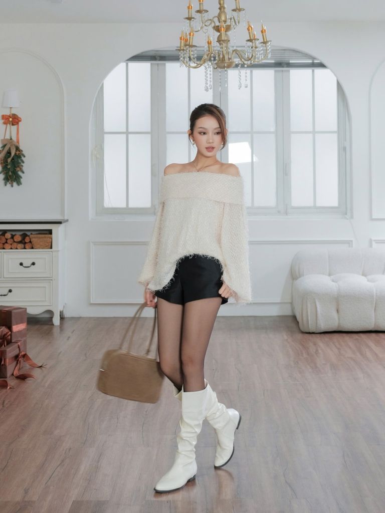 Áo Kiểu Nữ ESMIEY TOP Trễ Vai Form Rộng Phối Lông Mùa Giáng Sinh GOUT DE JUN