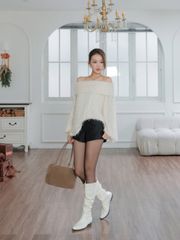 Áo Kiểu Nữ ESMIEY TOP Trễ Vai Form Rộng Phối Lông Mùa Giáng Sinh GOUT DE JUN