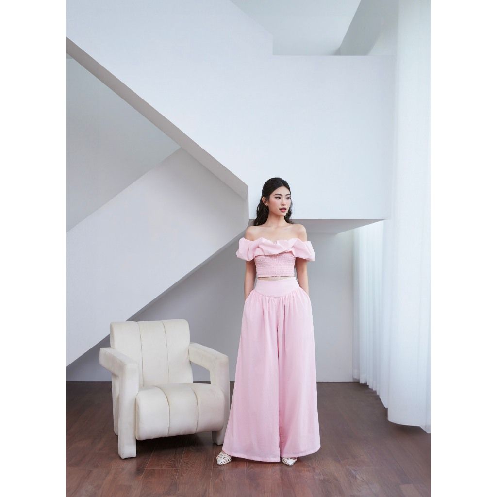 Set Áo Croptop Trễ Vai Mùa Hè Phối Quần Ống Rộng (bán lẻ) - CHALIN SET - GOÛT DE JUN