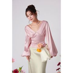 Áo Lụa Nữ Cổ V Xếp Li Vai Tay Dài - AMOURS TOP - GOÛT DE JUN