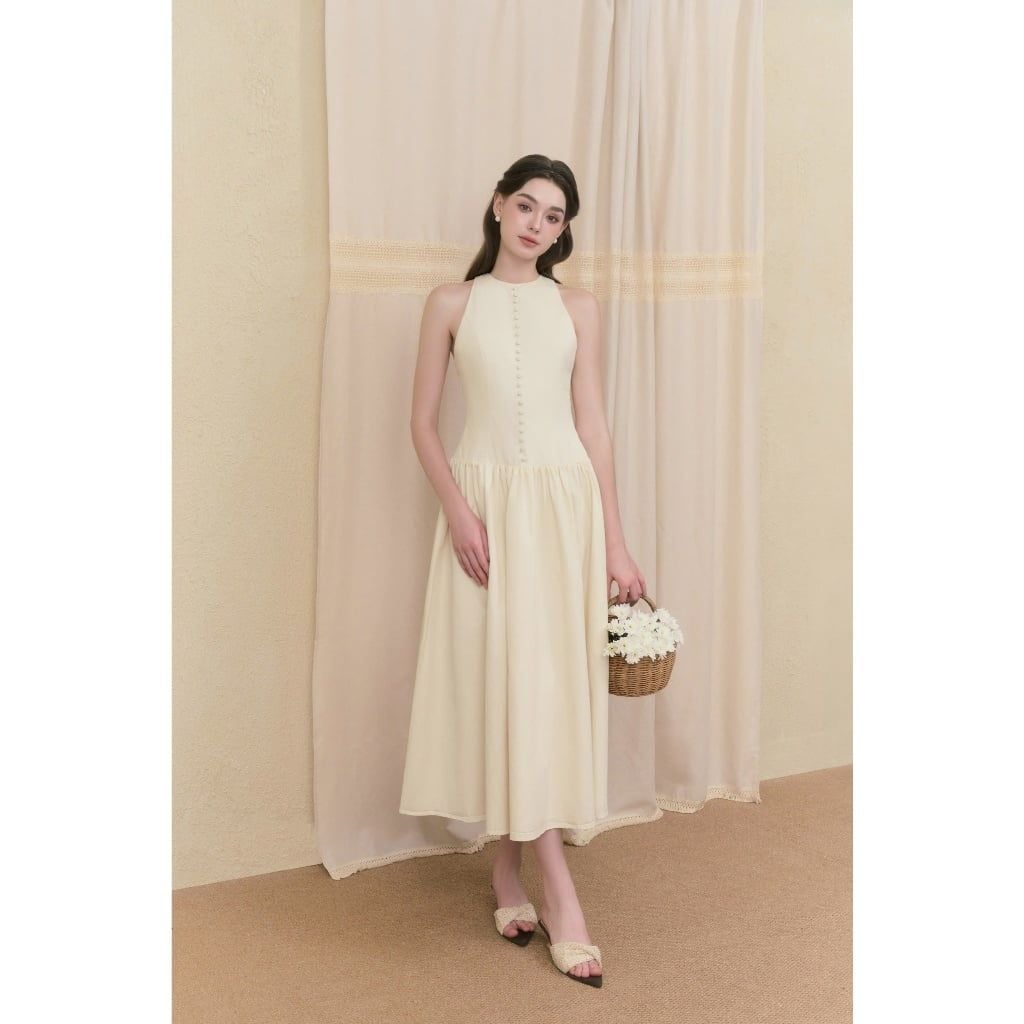 Đầm Nữ WIREAD DRESS Sát Nách Dáng Dài Phối Nút Bọc Thanh Lịch Đi Tiệc GOUT DE JUN