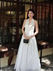 (Bán Lẻ) Set Nữ Mùa Hè POLKA Áo Cổ Đổ Dáng Yếm Hở Lưng Phối Chân Váy Xòe Dài GOÛT DE JUN