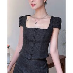 Set Áo Cổ Vuông Cánh Tiên Và Chân Váy Chữ A Chất Liệu Tweed Ánh Kim ( Bán Lẻ ) - REIKY SET - GOÛT DE JUN