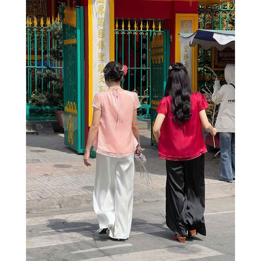 Áo Nữ Thiết Kế Tơ Bồng Phối Cổ Yếm Tay Ngắn - THANH YÊN - GOÛT DE JUN
